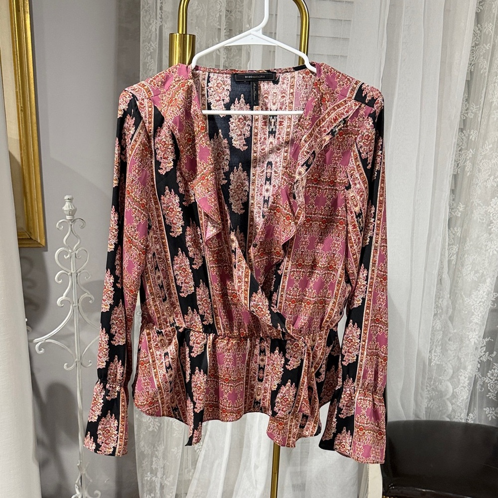 BCBGMaxAzria Floral Pink and Black Blouse